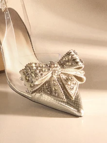 Etoivie Women's Butterfly Rhinestone Decor Transparent Contrast Color Pointed Toe Chunky Heel Shoes, Elegant Comfortable For Party, Wedding, Music Festival, Summer, Autumn/Winter Wedding Wedding - Gold - View 4