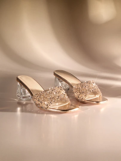 Etoivie 女士时尚水晶粗跟穆勒鞋，水钻装饰，露趾，透气，适合室内和室外穿着，迷人而百搭，非常适合派对，经典香槟色情人节