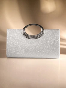 Spotlight Of The Evening: Silver Sequin Evening Bag With Metal Ring Handle, Shimmering Elegance For Your Party Look - Silver - View 4
