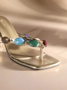 Etoivie 时尚高跟凉鞋，新款设计，饰以彩色宝石，窄带女士人字拖，适合夏季派对、婚礼、宴会等场合，金色女士高跟凉鞋，婚礼必备 - 金色 - 查看 4