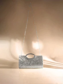 Spotlight Of The Evening: Silver Sequin Evening Bag With Metal Ring Handle, Shimmering Elegance For Your Party Look - Silver - View 5