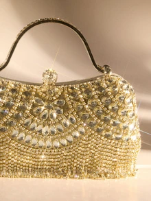 Etoivie 1pc New Rhinestone Embellished Evening Clutch - Shiny Sequin Handbag With Tassel Decor, Suitable For Pairing With Wedding Gowns And Bridesmaid Dresses, Comes With Detachable Metal Chain Shoulder Strap, Perfect Gift For Women, Ideal For Parties, Weddings, Galas, Formal Events, Can Be Matched With Holiday Party Dresses, Formal Gowns And Sequin Dresses, An Elegant Ball Gown Purse. Wedding Wedding - Gold - View 6