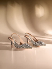 Etoivie 银色凉鞋，欧美风格，性感尖头低帮水钻高跟鞋，闪亮装饰，细高跟凉鞋，派对凉鞋，情人节婚礼凉鞋 - 銀色 - 查看 1