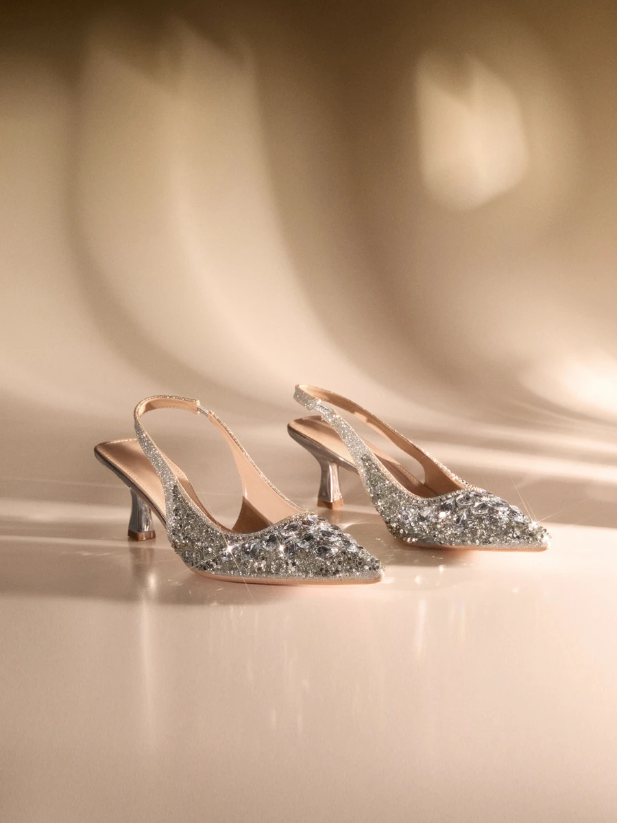 Etoivie 银色凉鞋，欧美风格，性感尖头低帮水钻高跟鞋，闪亮装饰，细高跟凉鞋，派对凉鞋，情人节婚礼凉鞋 - 銀色 - 查看 1