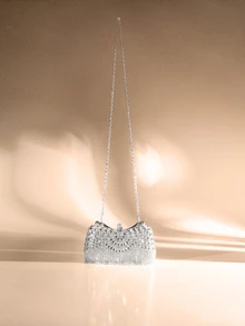 Etoivie 金属提手流苏晚宴包，镶钻亮片盒式手提包，斜挎包，大容量女士手拿包，派对婚礼包 - 銀色 - 查看 5