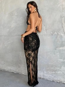 Bohemian Style Women's Backless Tie-Up Bikini Set, Side Tie Ruffle Hem, High Stretch Fabric, Sheer Details - Multicolor - View 2