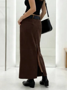 Chân váy midi xòe bằng da lộn giả da hươu dành cho nữ, kèm thắt lưng đen, phong cách thời trang công sở thường ngày. - Cà phê nâu - Xem 3