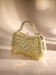 Etoivie 1pc New Rhinestone Embellished Evening Clutch - Shiny Sequin Handbag With Tassel Decor, Suitable For Pairing With Wedding Gowns And Bridesmaid Dresses, Comes With Detachable Metal Chain Shoulder Strap, Perfect Gift For Women, Ideal For Parties, Weddings, Galas, Formal Events, Can Be Matched With Holiday Party Dresses, Formal Gowns And Sequin Dresses, An Elegant Ball Gown Purse. Wedding Wedding - Gold - View 3