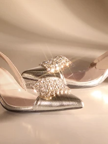 Etoivie 2025秋冬季女士魅力高跟鞋，金属水钻装饰尖头金字塔跟露跟高跟鞋，优雅迷人，猫跟设计，适合派对、婚礼等场合。 - 金色 - 查看 5