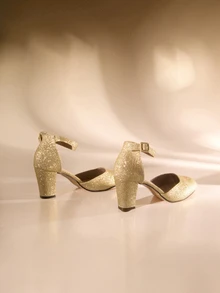 Etoivie 2025秋冬新款女士粗跟圆头镂空高跟鞋，银色商务/通勤一脚蹬鞋，优雅，适合派对和婚礼穿着 - 金色 - 查看 4