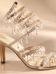 Etoivie Women's Thin High Heel Sandals, Fashion Minimalist Strap With Rhinestone Snake Wrap Round Toe, Suitable For Summer & Autumn Wedding - Gold - View 4