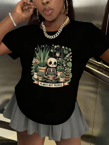 女士“植物不是人”骷髅图案T恤，常规版型植物印花T恤，舒适衬衫，适合植物爱好者，时尚休闲圆领上衣，黑色 - 黑色 - 查看 1