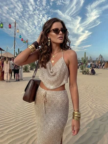 Elegant Summer Women's 2-Piece Set: Shiny Khaki Camisole Top Paired With Elastic Waist Tie-Front Skirt. Suitable For Beach Vacation, Music Festivals, Holiday Dates, Beach Parties, Cocktail Events And More - Camel - View 6