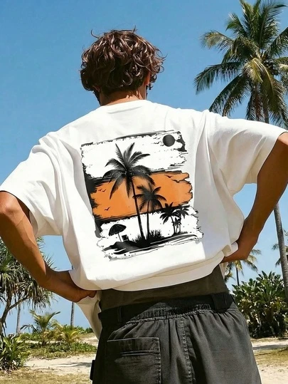 男士印花宽松短袖T恤，适合沙滩和夏季穿着