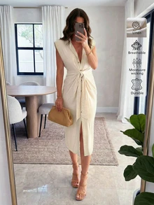 Elegant Linen Casual Daily Commute Vacation Linen Dress, Summer Dresses, Casual Dresses For Women - Apricot - View 1