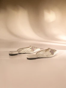 Etoivie Fall/Winter Ladies' Party Flat Shoes Rhinestone Decoration Mules Valentines Wedding Wedding - Beige - View 3