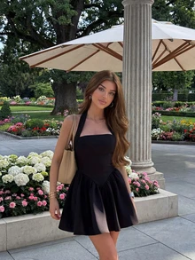 女士夏季时尚休闲露背吊带系腰带性感黑色连衣裙，2026新款 - 黑色 - 查看 1