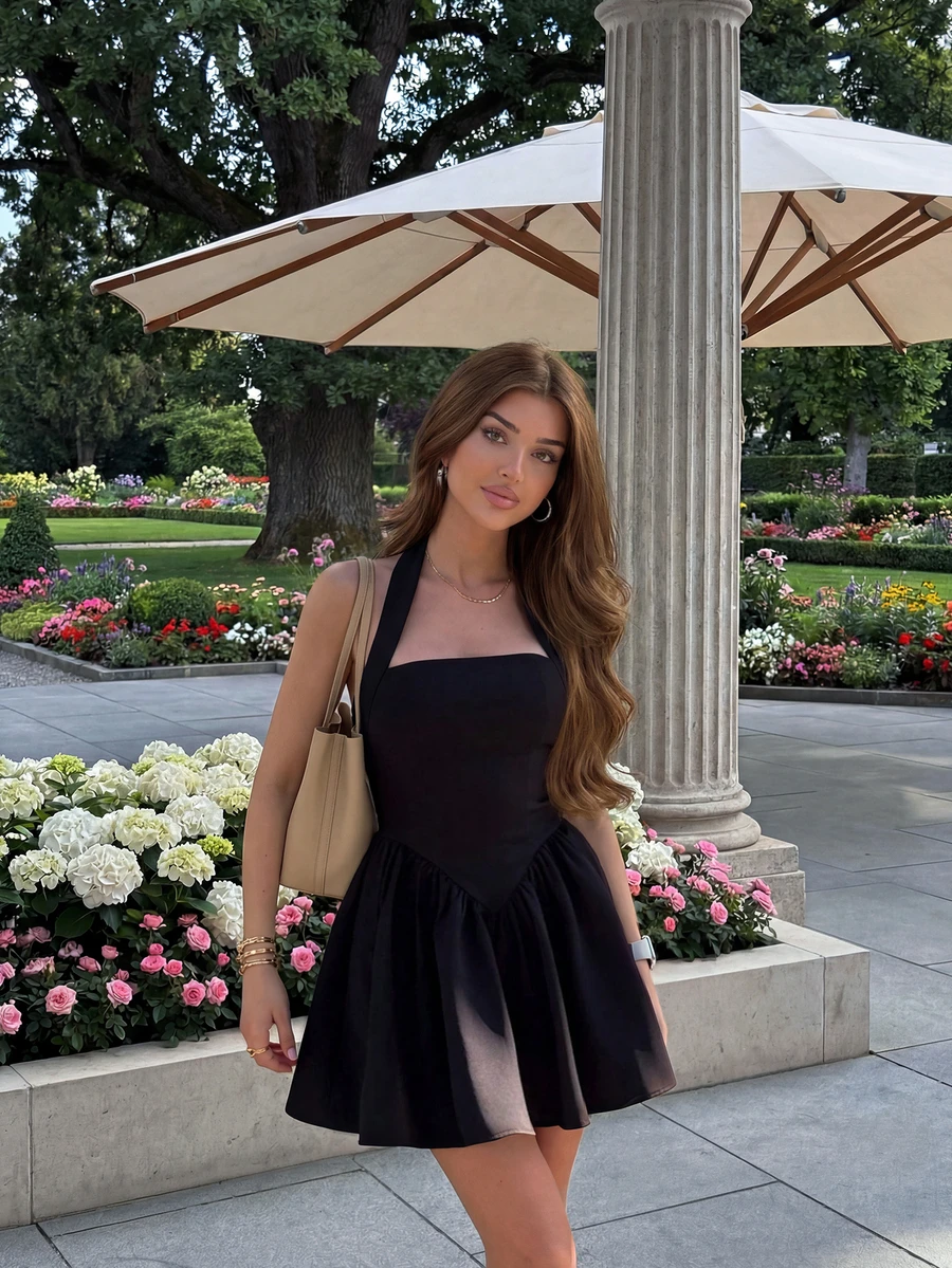 女士夏季时尚休闲露背吊带系腰带性感黑色连衣裙，2026新款 - 黑色 - 查看 1