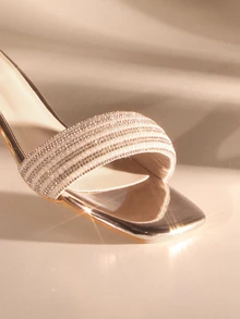 Etoivie Women Rhinestone Decor Sculptural Heeled Sandals, Glamorous Open Toe Mule Sandals Valentines,Kitten Heels Wedding Wedding Halloween - Champagne - View 4