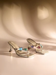 Etoivie 时尚高跟凉鞋，新款设计，饰以彩色宝石，窄带女士人字拖，适合夏季派对、婚礼、宴会等场合，金色女士高跟凉鞋，婚礼必备 - 金色 - 查看 1