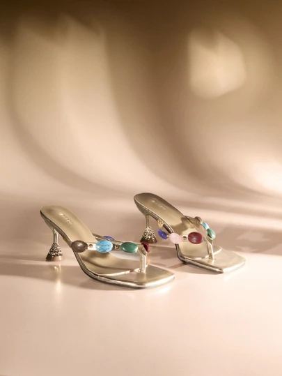 Etoivie Fashionable High Heel Sandals, New Design With Colorful Jewel Decor, Narrow Strap Women's Flip Flops, Summer Party, Wedding, Banquet, Gold Color Ladies High Heel Sandals Wedding