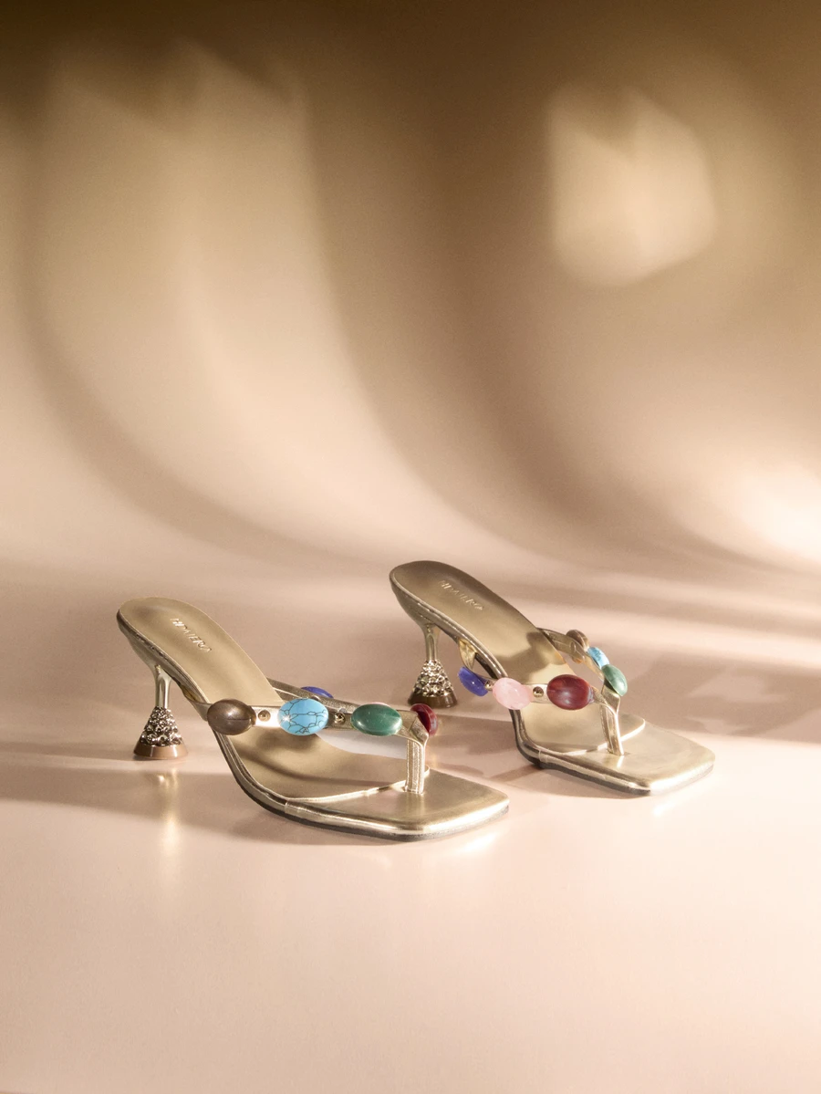 Etoivie 时尚高跟凉鞋，新款设计，饰以彩色宝石，窄带女士人字拖，适合夏季派对、婚礼、宴会等场合，金色女士高跟凉鞋，婚礼必备 - 金色 - 查看 1