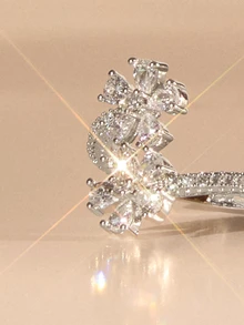 Etoivie 1pc Elegant Flower Ring For Women Cubic Zirconia Openning Flower Ring Wedding Jewelry - Silver - View 2