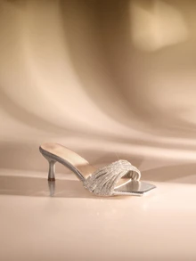 Etoivie Women's Metallic Rhinestone Stiletto High Heel Mules, New 2025 Pink Slip-On High Heel Sandals - Silver - View 3