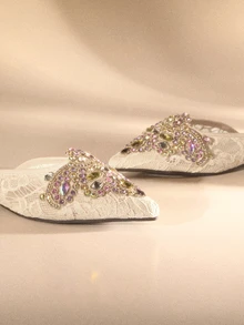 Etoivie Fall/Winter Ladies' Party Flat Shoes Rhinestone Decoration Mules Valentines Wedding Wedding - Beige - View 5