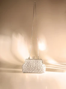 Etoivie 2024年新款春秋時尚帶珠飾、摺皺工藝貝殼包,簡約鏈條可攜式斜跨包 - 卡其色 - 查看 2