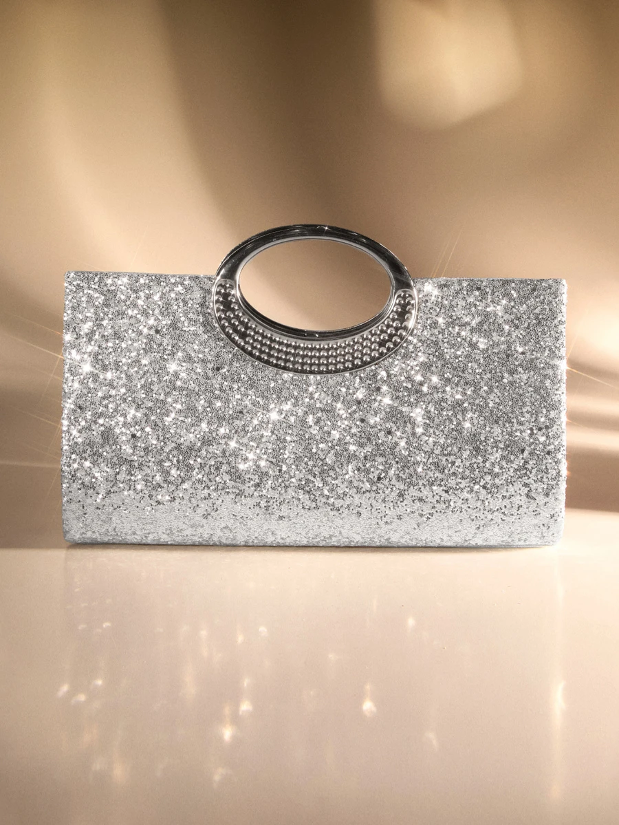 Spotlight Of The Evening: Silver Sequin Evening Bag With Metal Ring Handle, Shimmering Elegance For Your Party Look - Silver - View 1