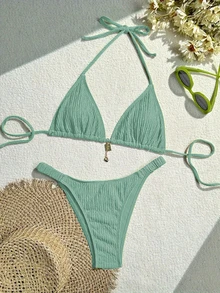New Arrival Fashionable Special Fabric Bikini Set, Sexy Swimwear 2pcs - Mint Green - View 1