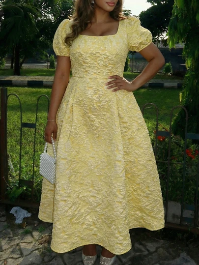 女士方领泡泡袖肌肉纹理长裙