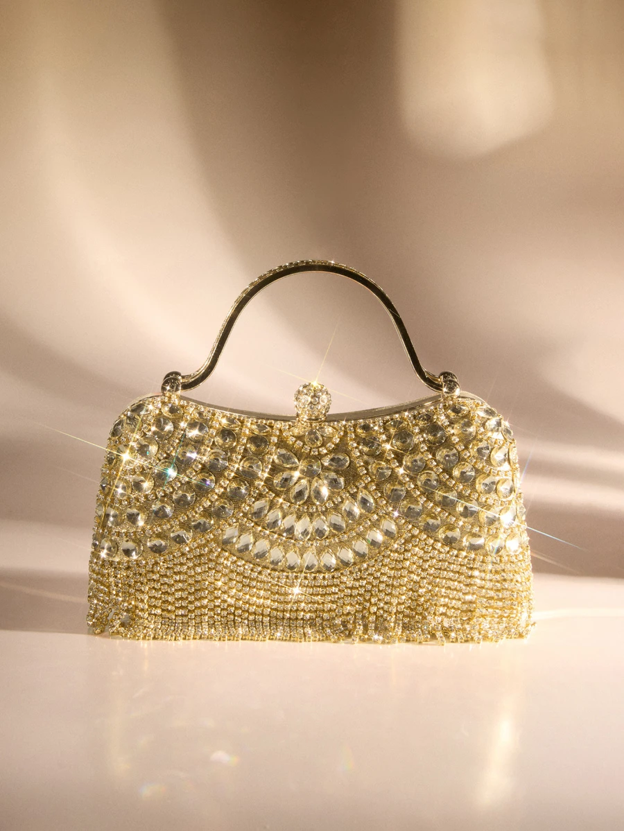 Etoivie 1pc New Rhinestone Embellished Evening Clutch - Shiny Sequin Handbag With Tassel Decor, Suitable For Pairing With Wedding Gowns And Bridesmaid Dresses, Comes With Detachable Metal Chain Shoulder Strap, Perfect Gift For Women, Ideal For Parties, Weddings, Galas, Formal Events, Can Be Matched With Holiday Party Dresses, Formal Gowns And Sequin Dresses, An Elegant Ball Gown Purse. Wedding Wedding - Gold - View 1