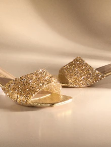 Etoivie Women's Transparent Crystal Embellished Square Toe Chunky Heel Sandals, Elegant & Versatile New Design - Gold - View 5