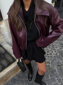 Women's Retro Lapel Long Sleeve Minimalist PU Leather Loose Jacket, Women's Fashion New Distressed Leather Jacket, Autumn Solid Color Zipper Long Sleeve Vintage PU Jacket - Red - View 2