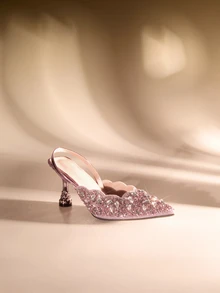 Etoivie 秋冬粉色弹力带后跟镶钻女士凉鞋，尖头露跟方跟高跟鞋，独特设计，优雅，适合派对和婚礼穿着 - 粉色 - 查看 3