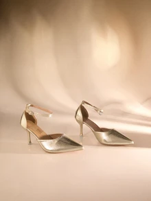 Etoivie Fall/Winter Plus Size Women's Fashion Pointed Toe High Heel Sandals, French Girly Gold Color Buckle Strap Hollow-Out Heeled Shoes, Versatile,Elegant,Party Wedding Wedding - Gold - View 1