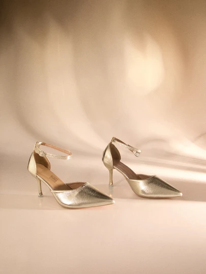 Etoivie Fall/Winter Plus Size Women's Fashion Pointed Toe High Heel Sandals, French Girly Gold Color Buckle Strap Hollow-Out Heeled Shoes, Versatile,Elegant,Party