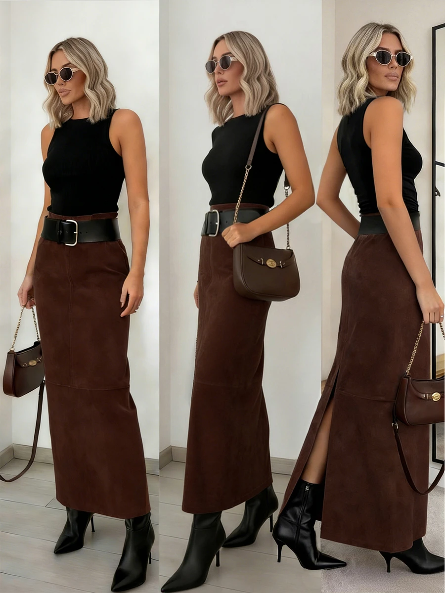 Chân váy midi xòe bằng da lộn giả da hươu dành cho nữ, kèm thắt lưng đen, phong cách thời trang công sở thường ngày.