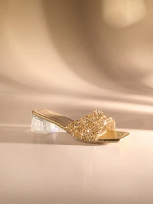 Etoivie Women's Transparent Crystal Embellished Square Toe Chunky Heel Sandals, Elegant & Versatile New Design - Gold - View 3