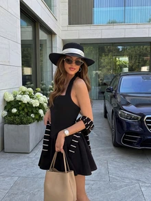 女士夏季时尚休闲露背吊带系腰带性感黑色连衣裙，2026新款 - 黑色 - 查看 2