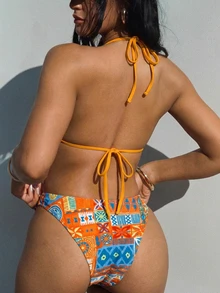 Women's Summer Beach Geometric Print Halter Tie Sexy Bikini Swimwear Set With Cover-Up And Skirt - Multicolor - View 3