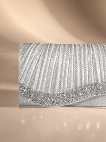Etoivie Mini Shiny Chain Folding Pleated Square Clutch Bag, Rhinestone Embellished Evening Bag, Perfect For Women's Ball Gowns, Party Accessories, Sequin Dresses, Shiny Dresses, Elegant Dresses, Elegant Ball Bag, Perfect For Bridesmaids, Suitable For Wedding Receptions, Parties, Weddings, Balls, Galas And Other Occasions. ,Wedding Wedding Wedding - Silver - View 3
