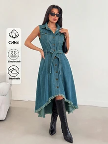 Retro Washed Asymmetric Hem Frayed Edge Front Button Sleeveless Women Denim Dress, European And American Fashion - Medium Wash - View 1