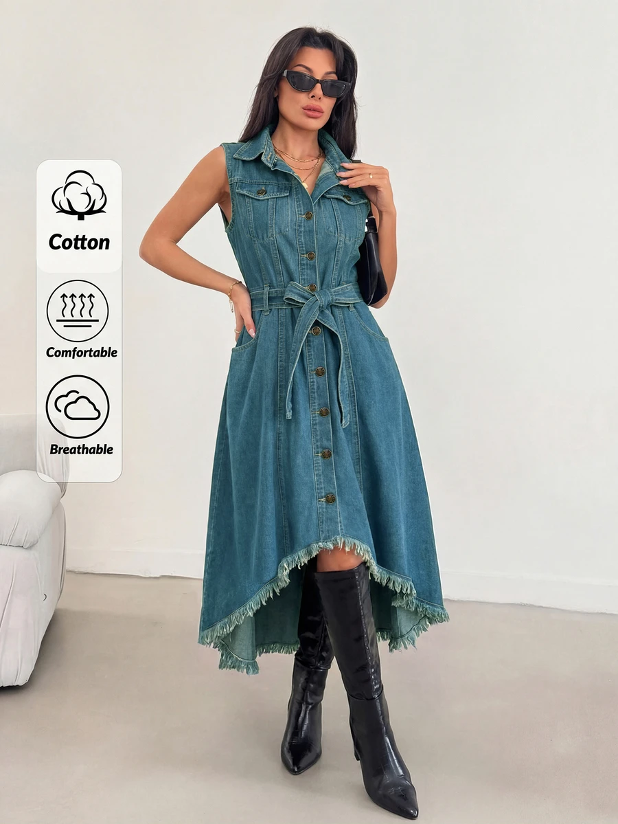 Retro Washed Asymmetric Hem Frayed Edge Front Button Sleeveless Women Denim Dress, European And American Fashion - Medium Wash - View 1