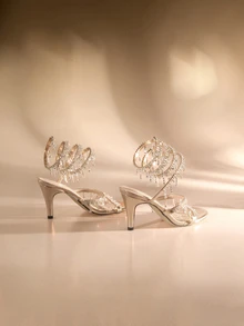 Etoivie Women's Thin High Heel Sandals, Fashion Minimalist Strap With Rhinestone Snake Wrap Round Toe, Suitable For Summer & Autumn Wedding - Gold - View 5