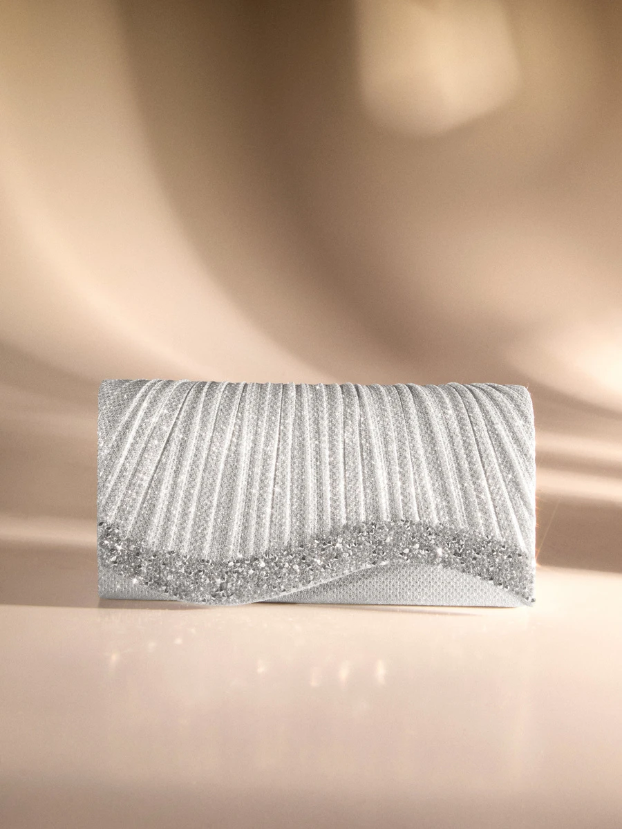 Etoivie Mini Shiny Chain Folding Pleated Square Clutch Bag, Rhinestone Embellished Evening Bag, Perfect For Women's Ball Gowns, Party Accessories, Sequin Dresses, Shiny Dresses, Elegant Dresses, Elegant Ball Bag, Perfect For Bridesmaids, Suitable For Wedding Receptions, Parties, Weddings, Balls, Galas And Other Occasions. ,Wedding Wedding Wedding - Silver - View 1