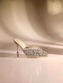 Etoivie 2025年秋冬女士高跟鞋，带钻石和链条细节，尖头，适合日常和派对穿着，优雅，穆勒鞋 - 銀色 - 查看 3