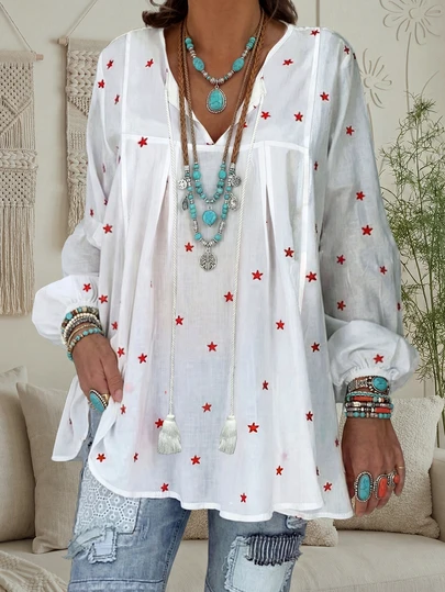 Plus Size Women's Bohemian Lantern Sleeve Blouse, Star Print Top With Tassel Decor (Random Print) White Spring